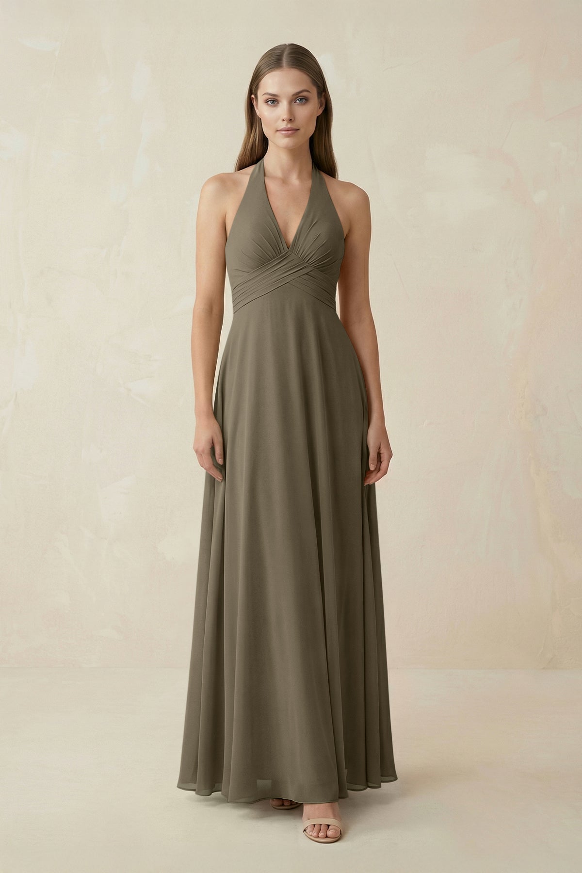 A-Line Pleated Chiffon V-Neck Bridesmaid Dress in Willow Green
