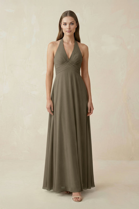 A-Line Pleated Chiffon V-Neck Bridesmaid Dress in Willow Green