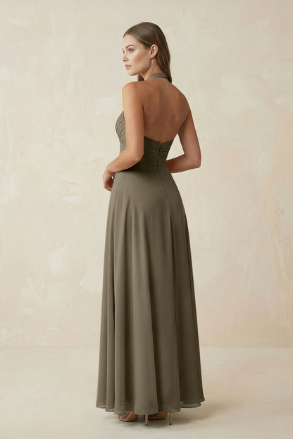 A-Line Pleated Chiffon V-Neck Bridesmaid Dress in Willow Green