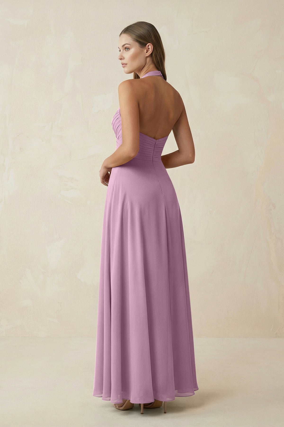 A-Line Pleated Chiffon V-Neck Bridesmaid Dress in Wisteria