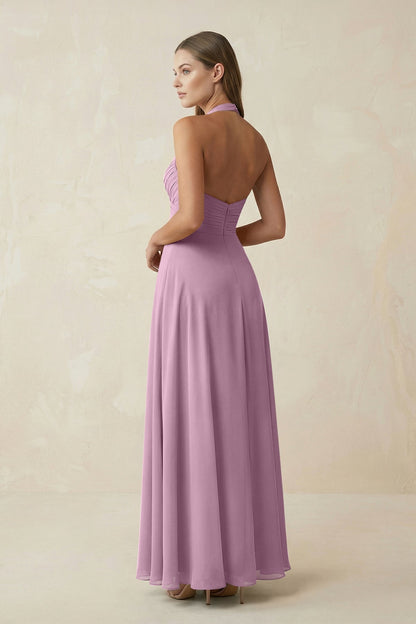 A-Line Pleated Chiffon V-Neck Bridesmaid Dress in Wisteria
