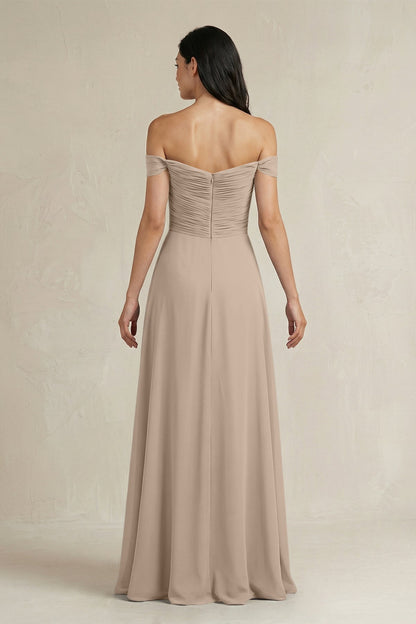 A-Line Pleated Off-the-Shoulder Chiffon Bridesmaid Dress in Almond