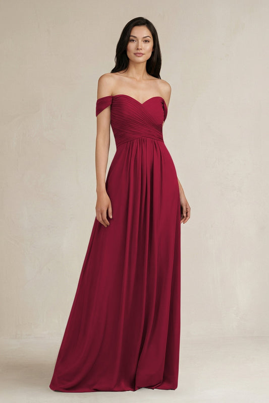 A-Line Pleated Off-the-Shoulder Chiffon Bridesmaid Dress in Berry