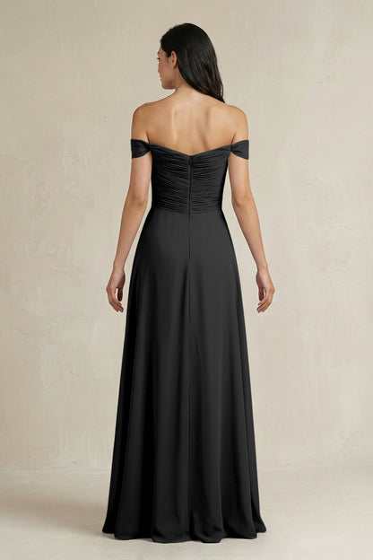 A-Line Pleated Off-the-Shoulder Chiffon Bridesmaid Dress in Black