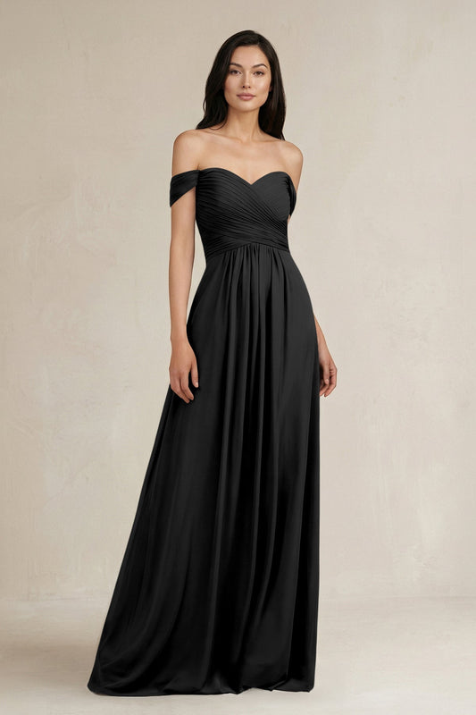A-Line Pleated Off-the-Shoulder Chiffon Bridesmaid Dress in Black