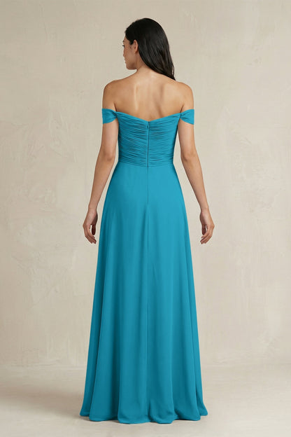 A-Line Pleated Off-the-Shoulder Chiffon Bridesmaid Dress in Blue Jay
