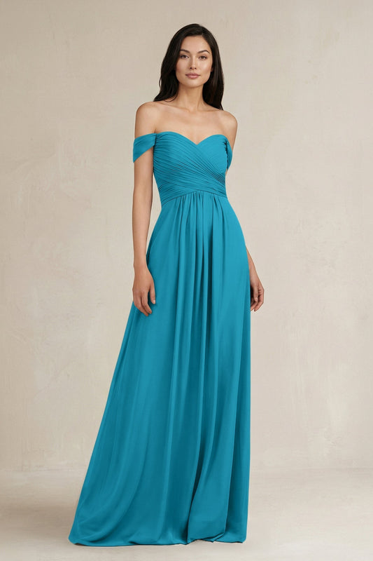 A-Line Pleated Off-the-Shoulder Chiffon Bridesmaid Dress in Blue Jay