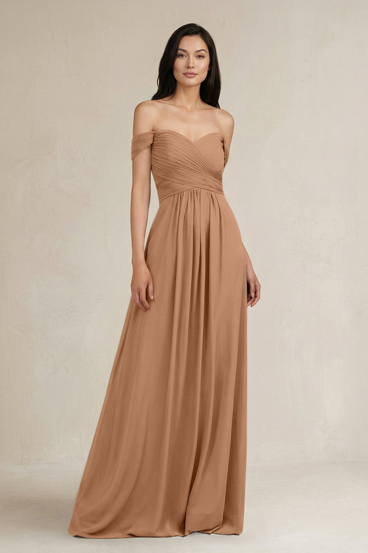 A-Line Pleated Off-the-Shoulder Chiffon Bridesmaid Dress in Bronzer