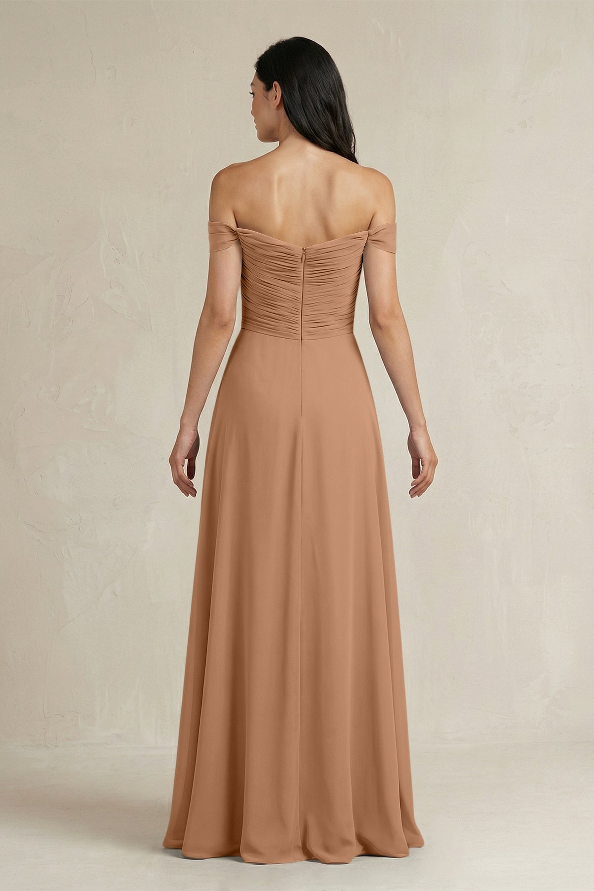 A-Line Pleated Off-the-Shoulder Chiffon Bridesmaid Dress in Bronzer