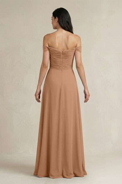 A-Line Pleated Off-the-Shoulder Chiffon Bridesmaid Dress in Bronzer