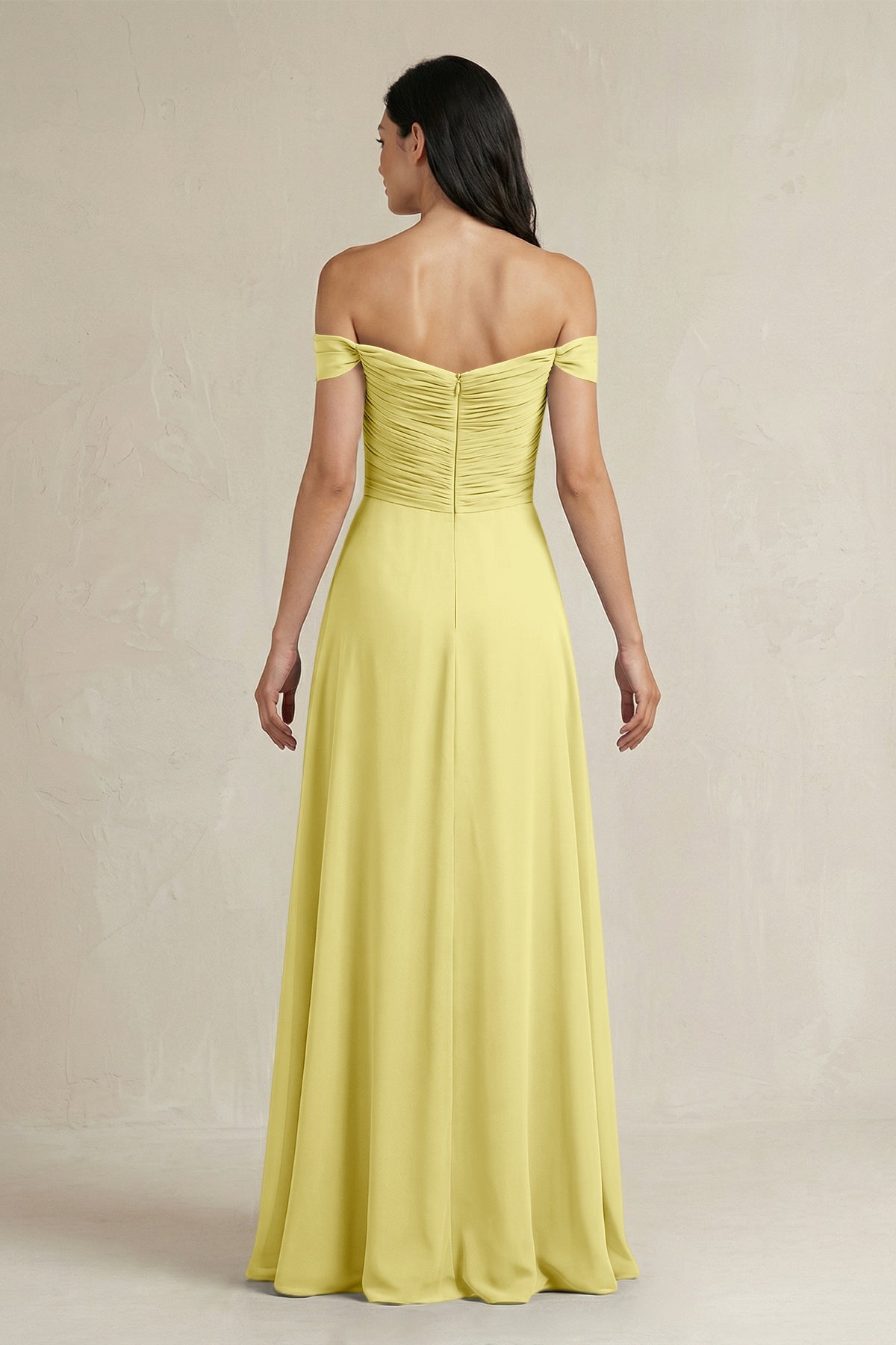 A-Line Pleated Off-the-Shoulder Chiffon Bridesmaid Dress in Buttercup