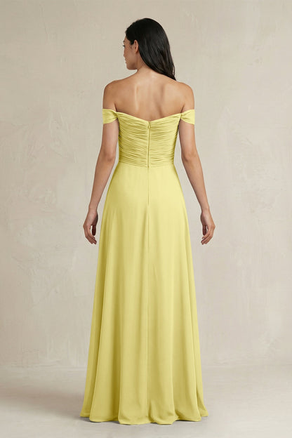 A-Line Pleated Off-the-Shoulder Chiffon Bridesmaid Dress in Buttercup