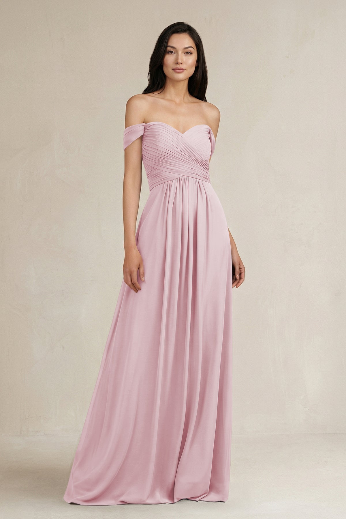 A-Line Pleated Off-the-Shoulder Chiffon Bridesmaid Dress in Candy Pink