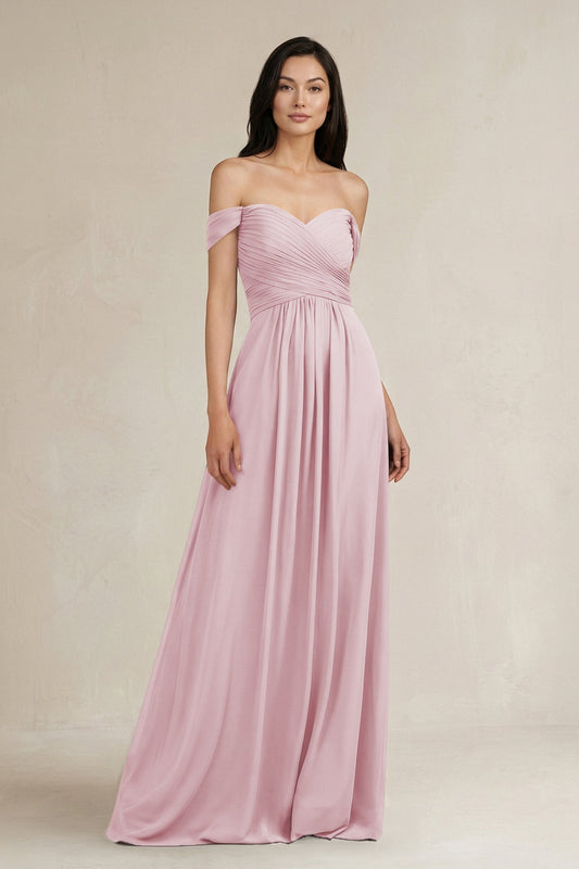 A-Line Pleated Off-the-Shoulder Chiffon Bridesmaid Dress in Candy Pink