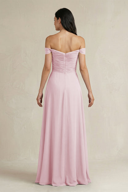 A-Line Pleated Off-the-Shoulder Chiffon Bridesmaid Dress in Candy Pink