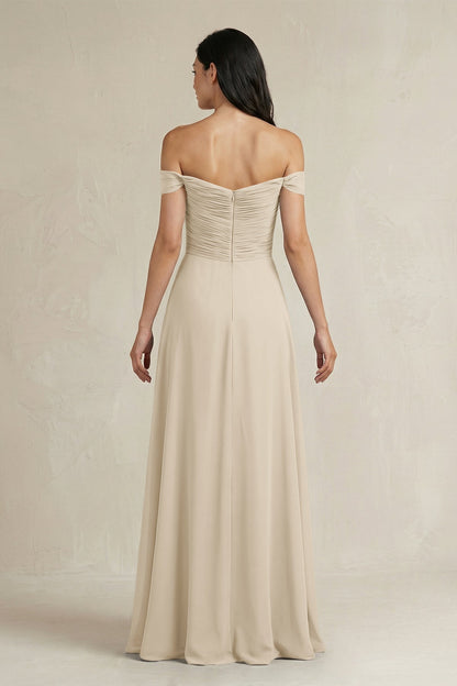 A-Line Pleated Off-the-Shoulder Chiffon Bridesmaid Dress in Champagne