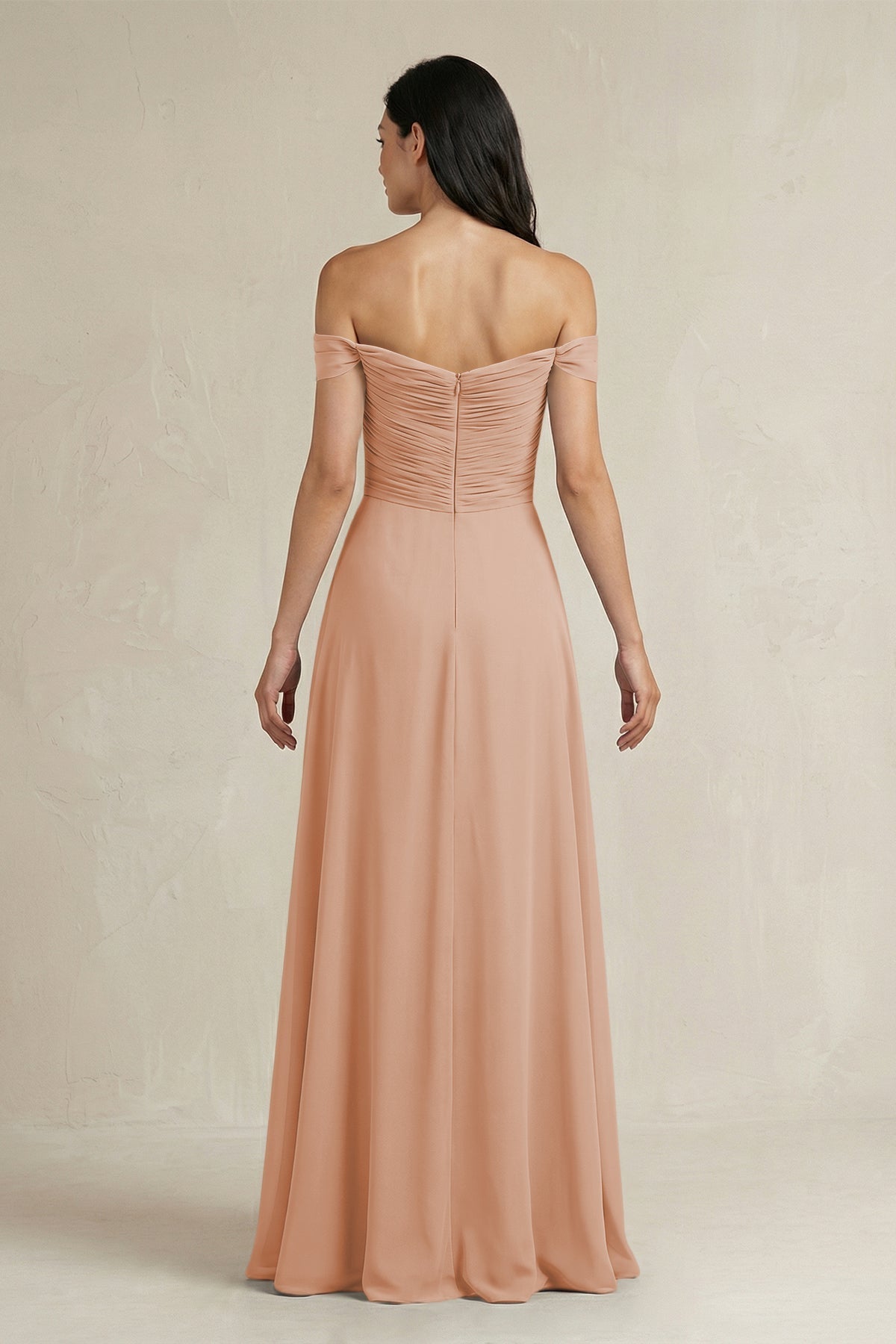 A-Line Pleated Off-the-Shoulder Chiffon Bridesmaid Dress in Champagne Rose