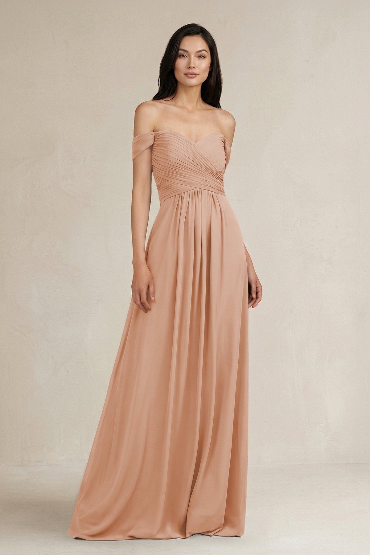 A-Line Pleated Off-the-Shoulder Chiffon Bridesmaid Dress in Champagne Rose
