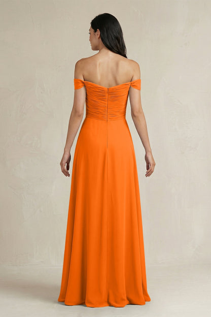 A-Line Pleated Off-the-Shoulder Chiffon Bridesmaid Dress in Cinnamon