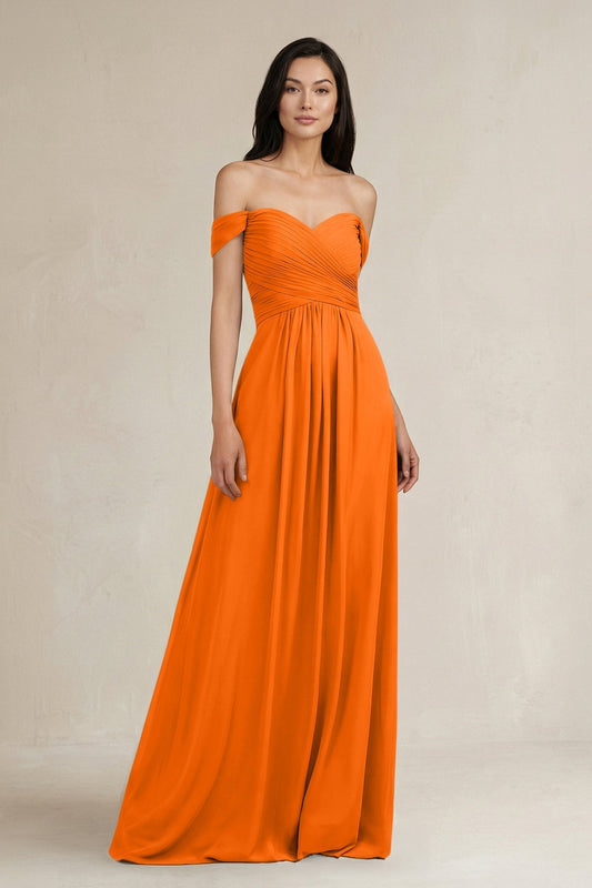 A-Line Pleated Off-the-Shoulder Chiffon Bridesmaid Dress in Cinnamon