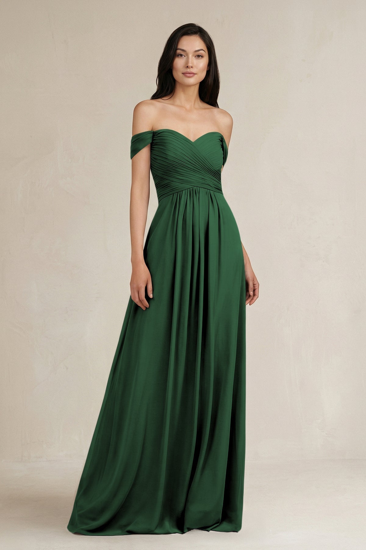 A-Line Pleated Off-the-Shoulder Chiffon Bridesmaid Dress in Dark Green