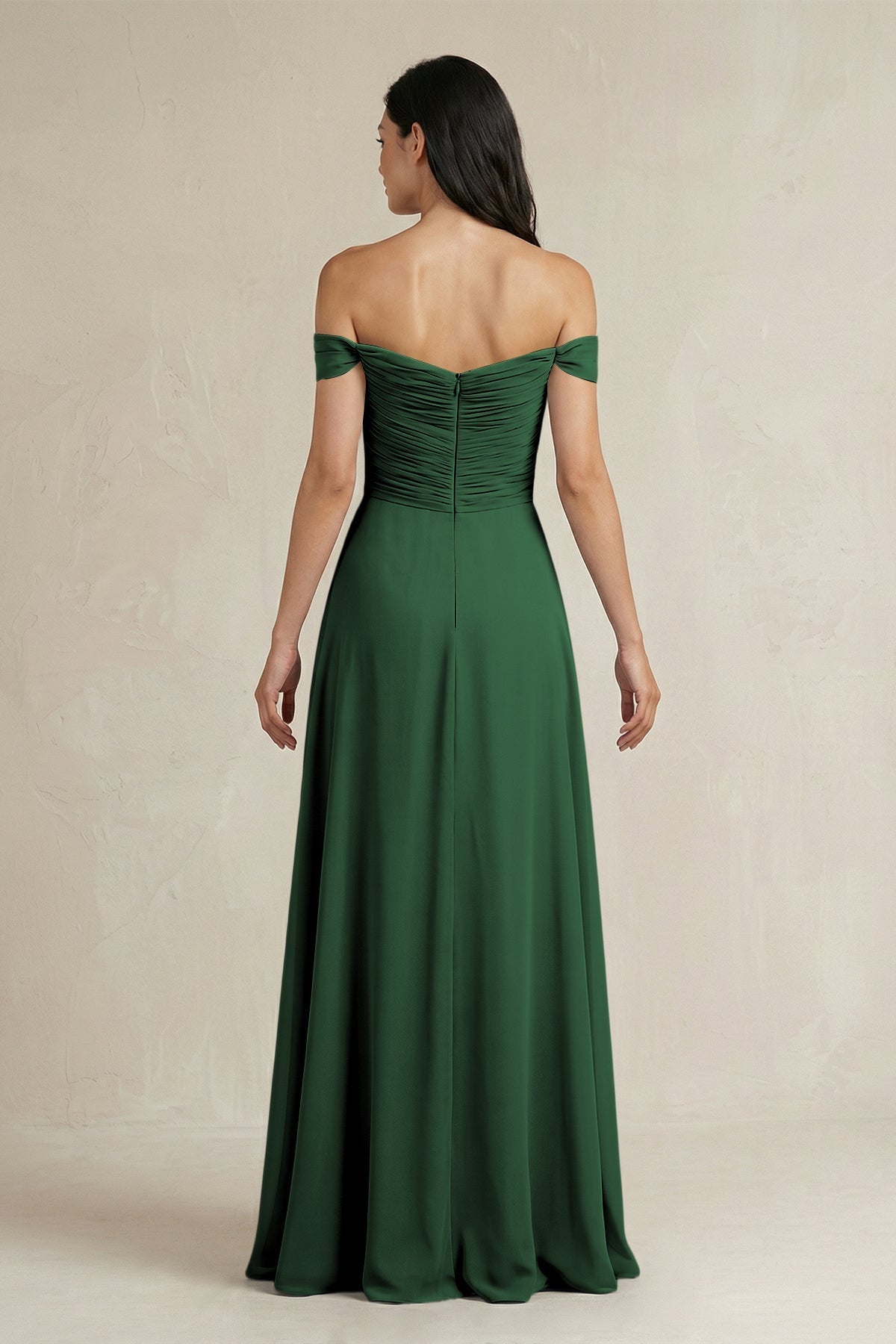 A-Line Pleated Off-the-Shoulder Chiffon Bridesmaid Dress in Dark Green