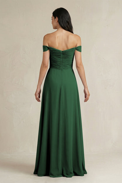 A-Line Pleated Off-the-Shoulder Chiffon Bridesmaid Dress in Dark Green