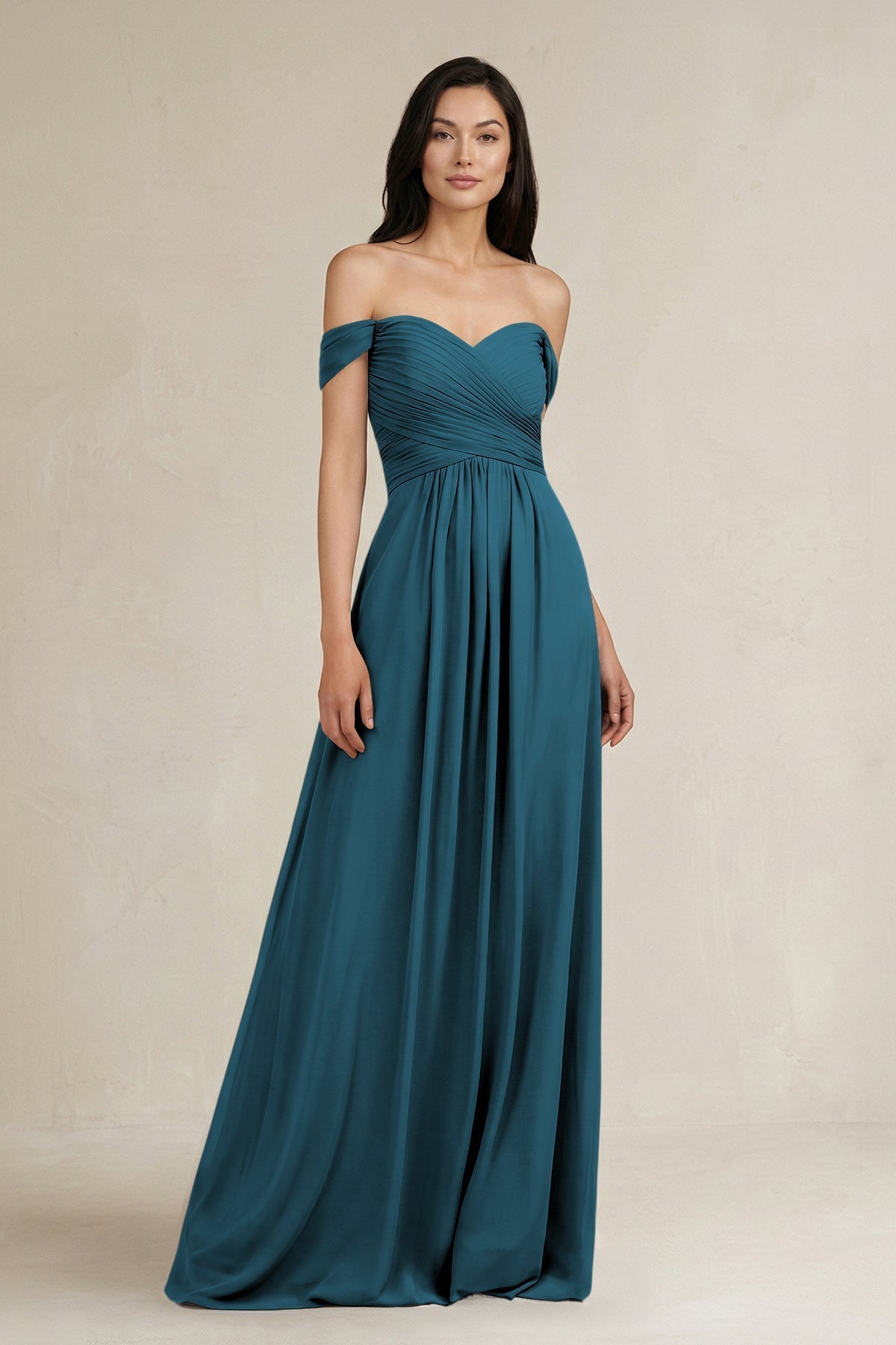A-Line Pleated Off-the-Shoulder Chiffon Bridesmaid Dress in Dark Teal