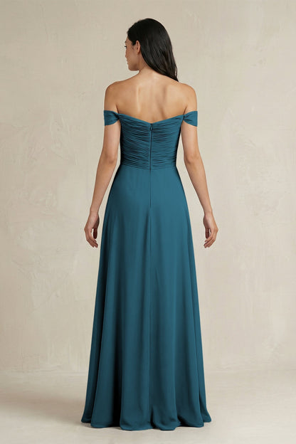 A-Line Pleated Off-the-Shoulder Chiffon Bridesmaid Dress in Dark Teal