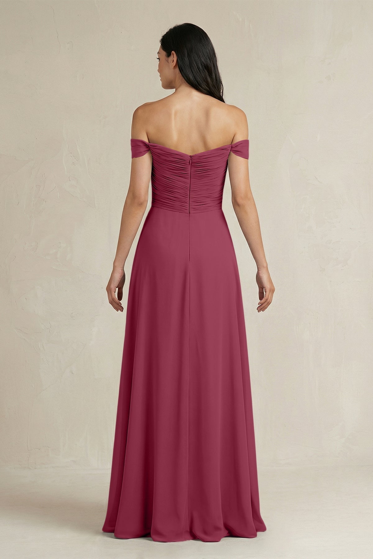 A-Line Pleated Off-the-Shoulder Chiffon Bridesmaid Dress in Desert Rose