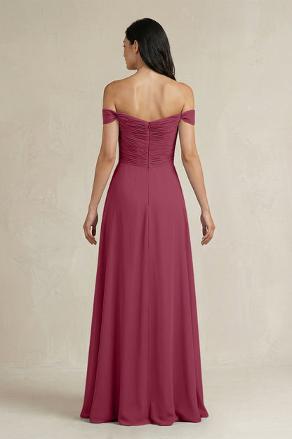 A-Line Pleated Off-the-Shoulder Chiffon Bridesmaid Dress in Desert Rose
