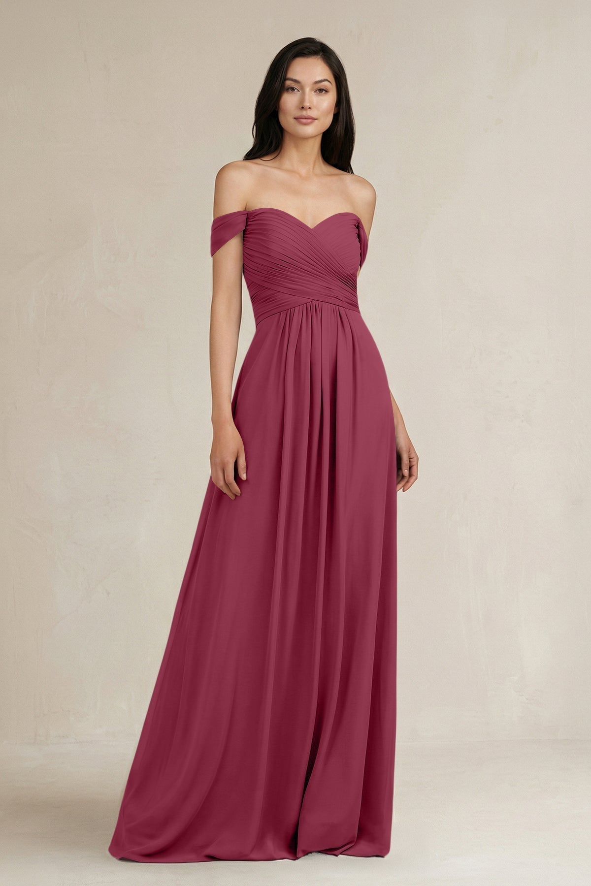 A-Line Pleated Off-the-Shoulder Chiffon Bridesmaid Dress in Desert Rose