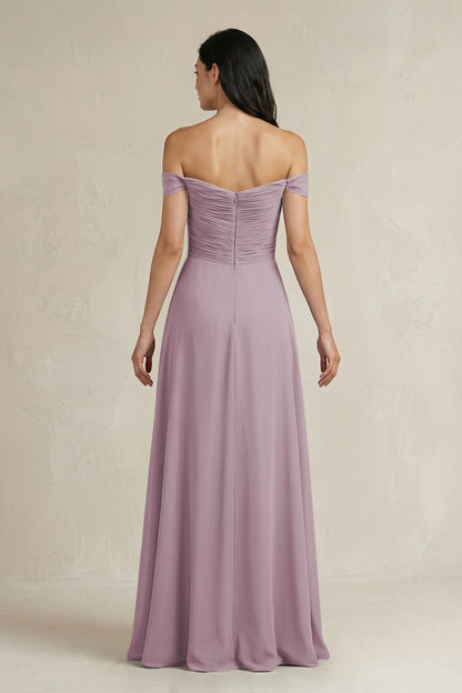 A-Line Pleated Off-the-Shoulder Chiffon Bridesmaid Dress in Dusk