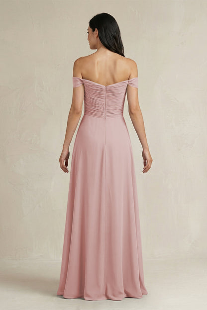 A-Line Pleated Off-the-Shoulder Chiffon Bridesmaid Dress in Dusty Rose
