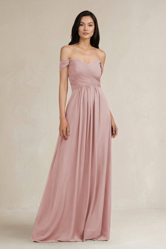A-Line Pleated Off-the-Shoulder Chiffon Bridesmaid Dress in Dusty Rose