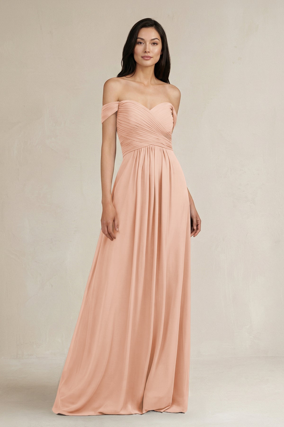 A-Line Pleated Off-the-Shoulder Chiffon Bridesmaid Dress in English Rose