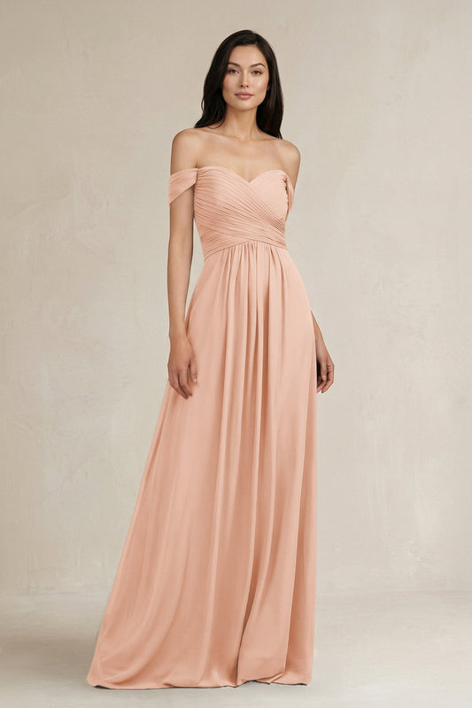 A-Line Pleated Off-the-Shoulder Chiffon Bridesmaid Dress in English Rose