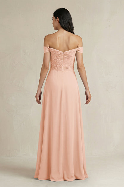 A-Line Pleated Off-the-Shoulder Chiffon Bridesmaid Dress in English Rose
