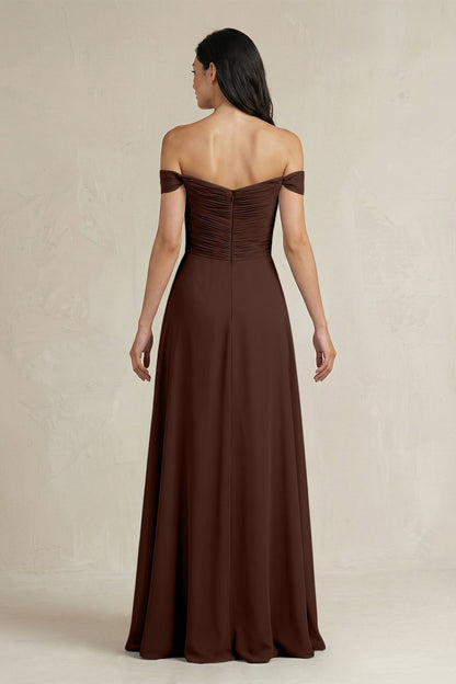 A-Line Pleated Off-the-Shoulder Chiffon Bridesmaid Dress in Espresso