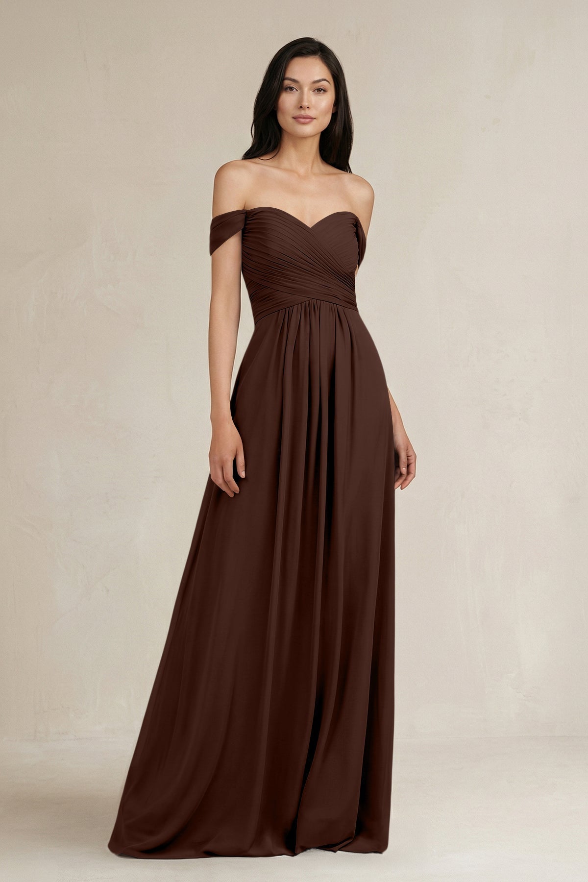 A-Line Pleated Off-the-Shoulder Chiffon Bridesmaid Dress in Espresso
