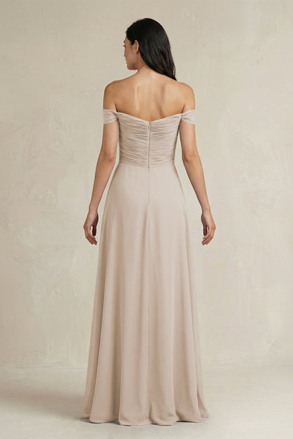 A-Line Pleated Off-the-Shoulder Chiffon Bridesmaid Dress in Frost