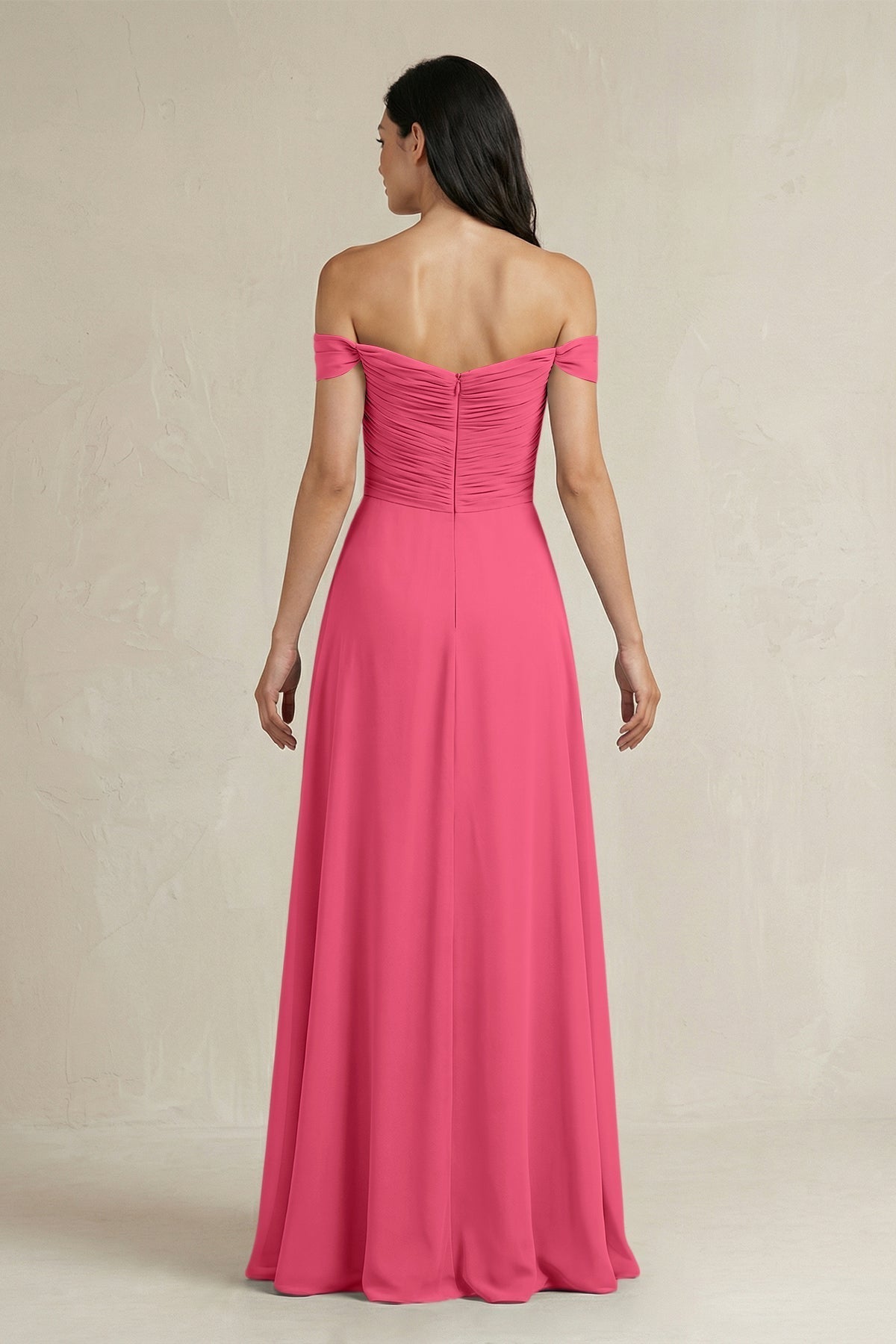 A-Line Pleated Off-the-Shoulder Chiffon Bridesmaid Dress in Fuchsia