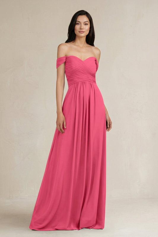 A-Line Pleated Off-the-Shoulder Chiffon Bridesmaid Dress in Fuchsia