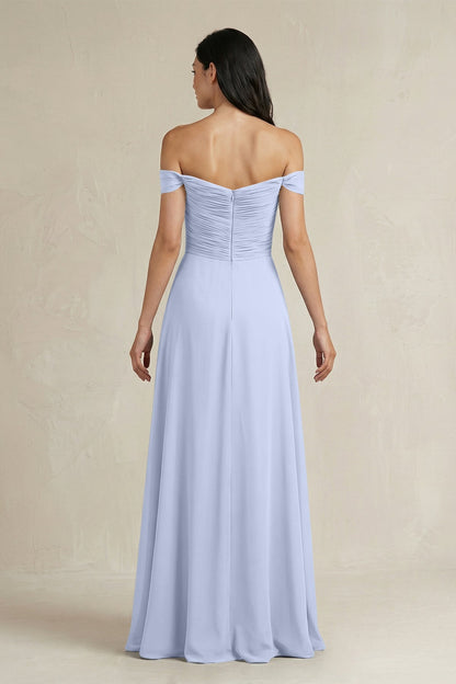 A-Line Pleated Off-the-Shoulder Chiffon Bridesmaid Dress in Ice