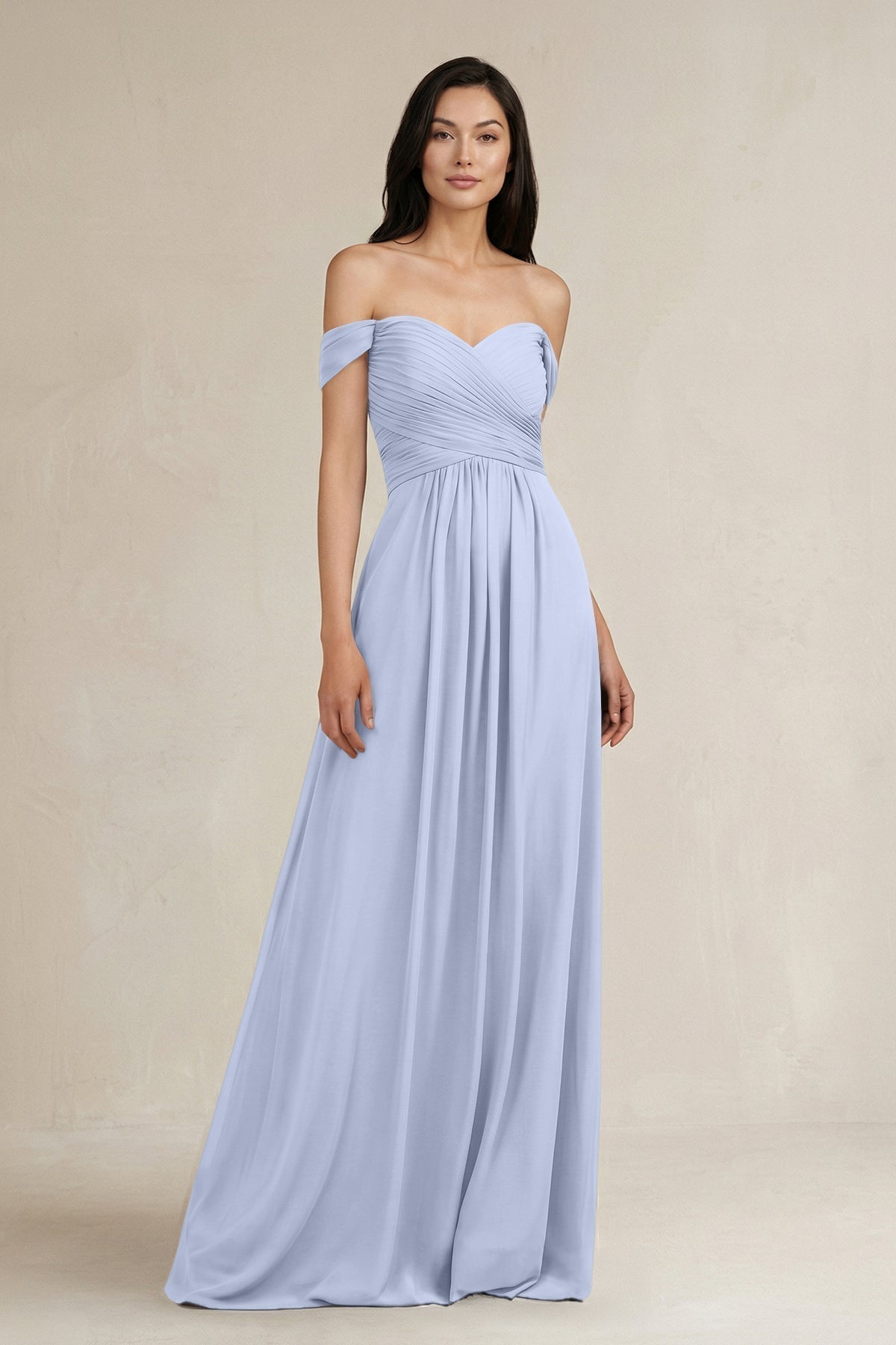 A-Line Pleated Off-the-Shoulder Chiffon Bridesmaid Dress in Ice