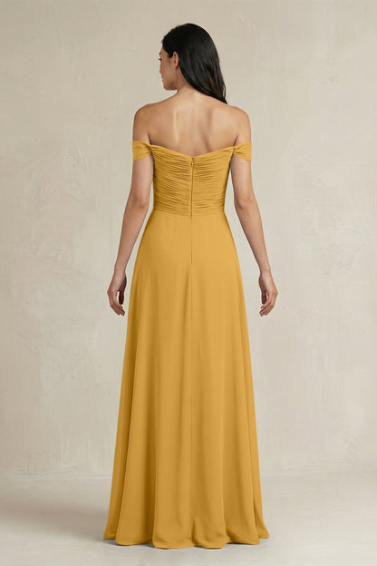 A-Line Pleated Off-the-Shoulder Chiffon Bridesmaid Dress in Marigold