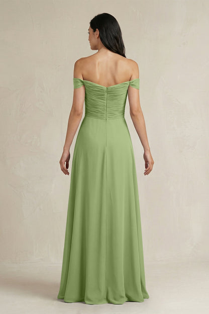 A-Line Pleated Off-the-Shoulder Chiffon Bridesmaid Dress in Matcha