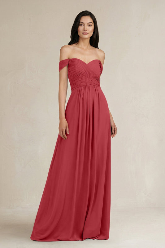 A-Line Pleated Off-the-Shoulder Chiffon Bridesmaid Dress in Merlot