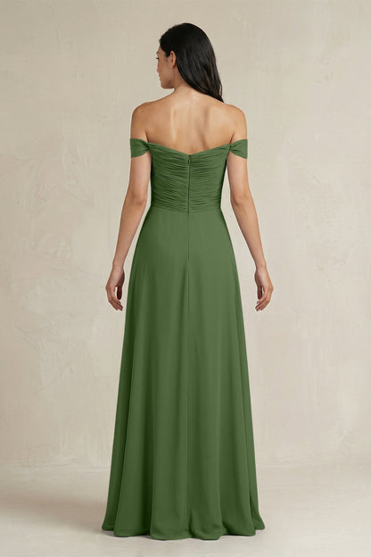 A-Line Pleated Off-the-Shoulder Chiffon Bridesmaid Dress in Moss