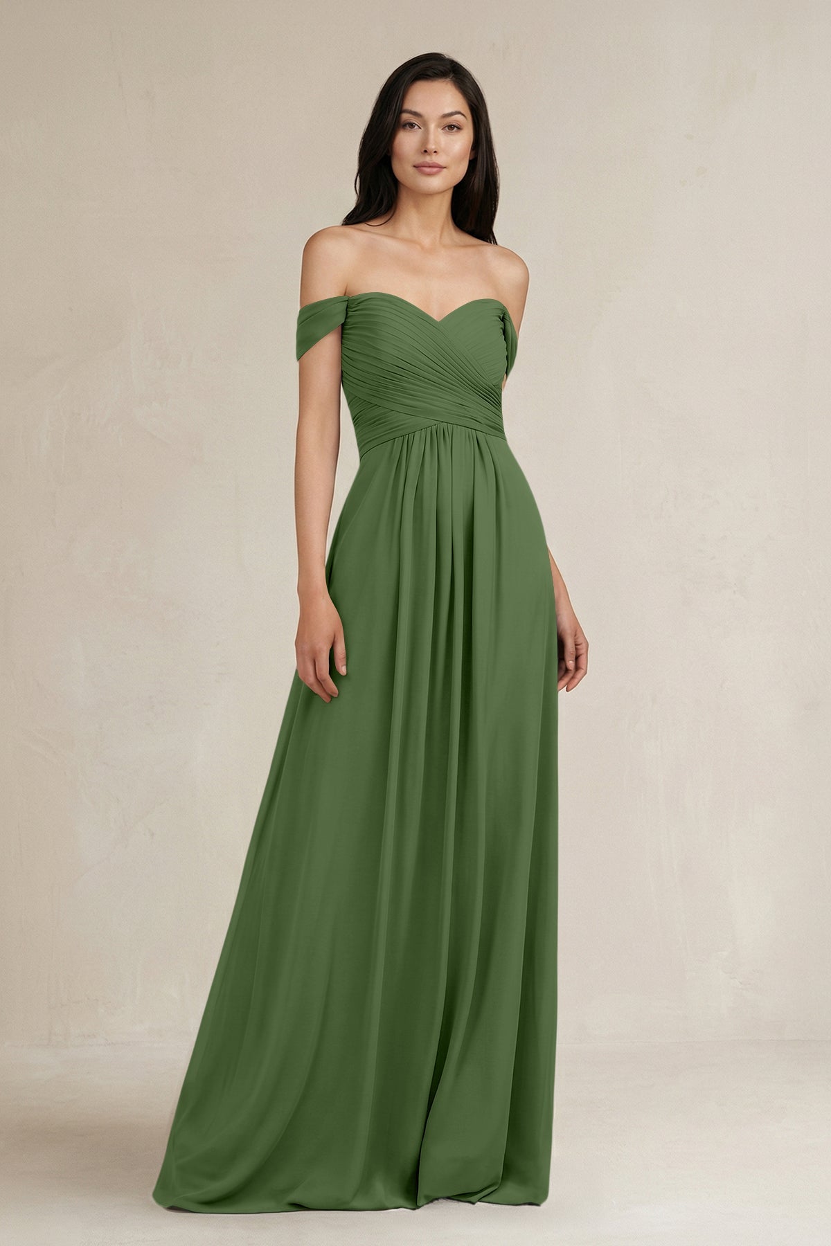 A-Line Pleated Off-the-Shoulder Chiffon Bridesmaid Dress in Moss